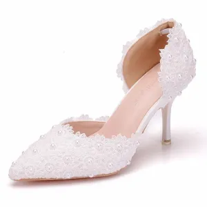 3" Floral lace pearls d’Orsay pumps wedding shoes pointed closed toe