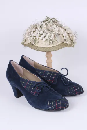 40's vintage style pumps in suede with colored stitches - Navy blue - Edith