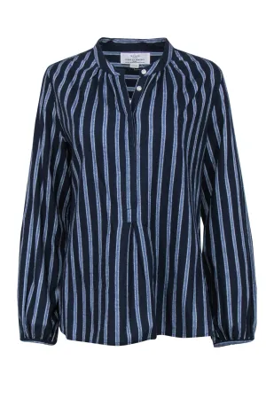 Birds of Paradis by Trovata - Blue & White Striped Collarless Button-Up Shirt Sz M