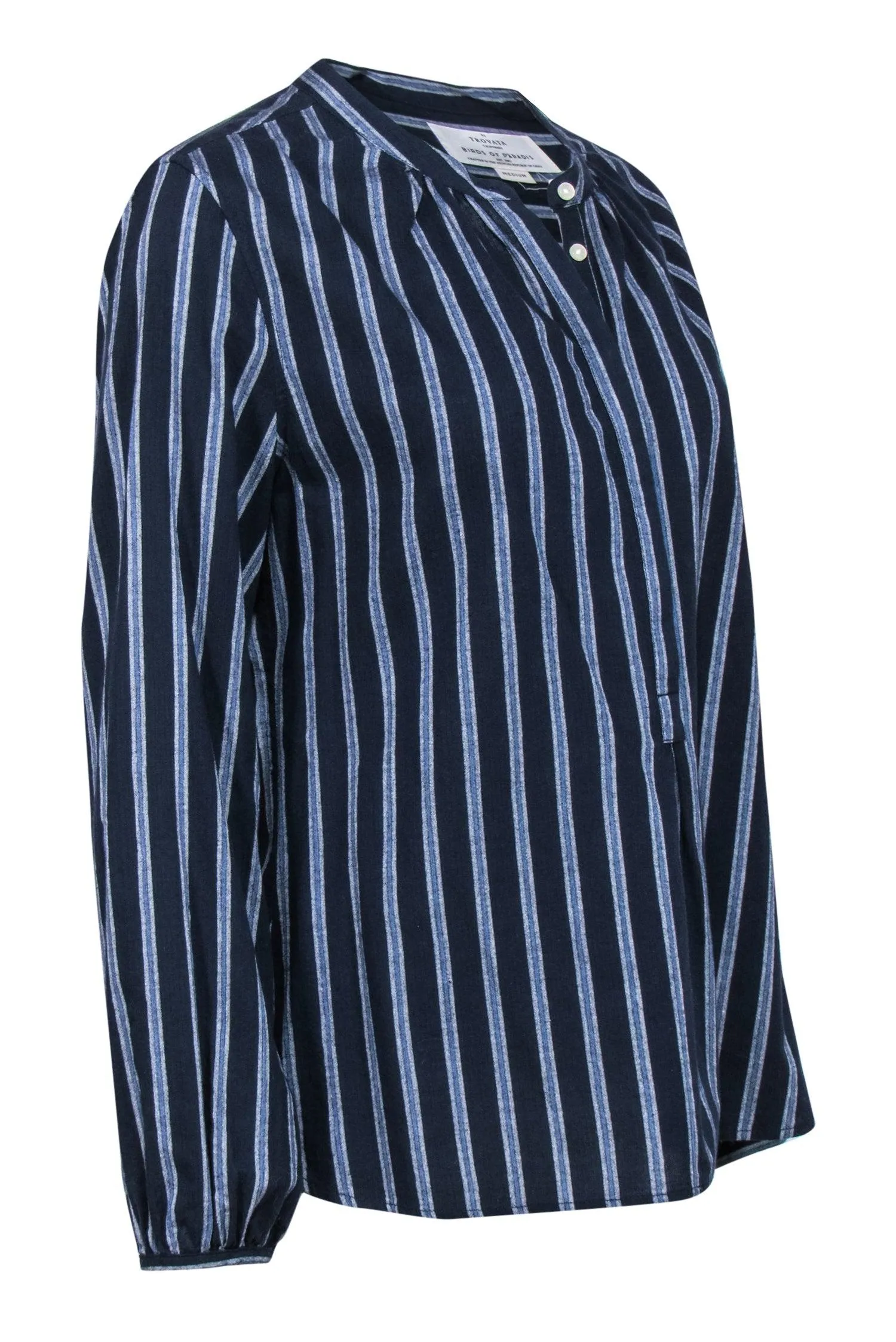Birds of Paradis by Trovata - Blue & White Striped Collarless Button-Up Shirt Sz M