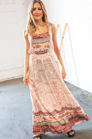 Boho Color Block Elastic Waist Ruffle Strap Maxi Dress