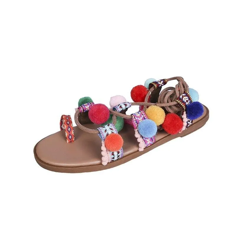 Boho Colorful Pompoms Sandals