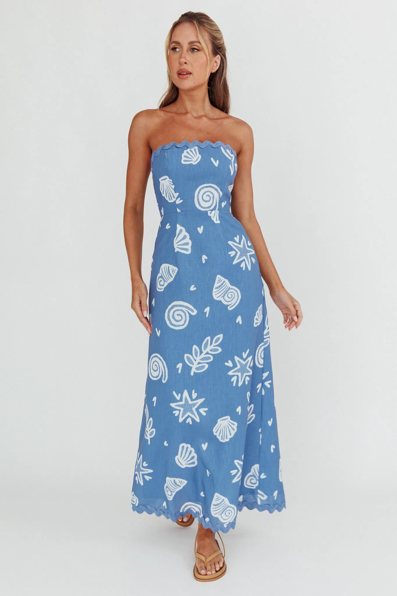 Cypress Ric Rac Trim Strapless Dress Shell Blue