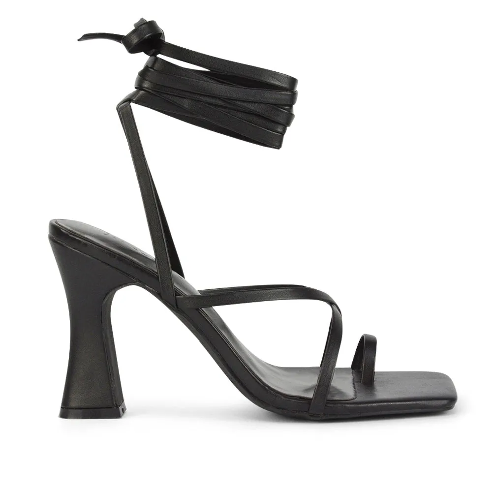 Dylan Square Toe Lace up Strappy Block High Heel Sandals in Orange Synthetic Leather