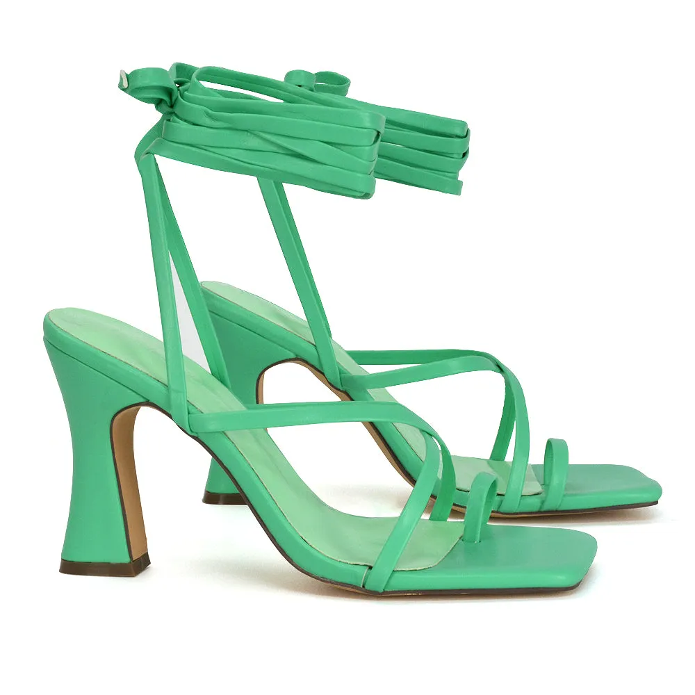 Dylan Square Toe Lace up Strappy Block High Heel Sandals in Orange Synthetic Leather
