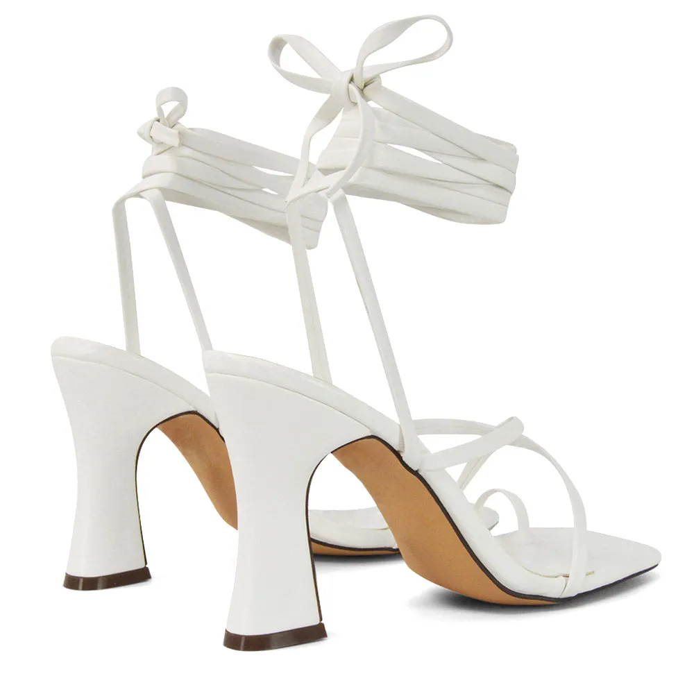 Dylan Square Toe Lace up Strappy Block High Heel Sandals in Orange Synthetic Leather