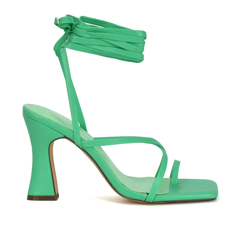 Dylan Square Toe Lace up Strappy Block High Heel Sandals in Orange Synthetic Leather