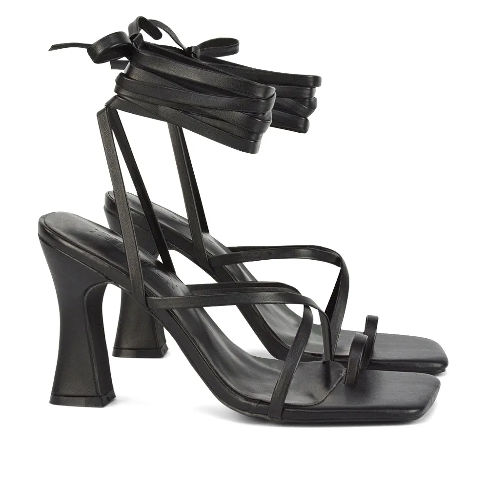 Dylan Square Toe Lace up Strappy Block High Heel Sandals in Orange Synthetic Leather
