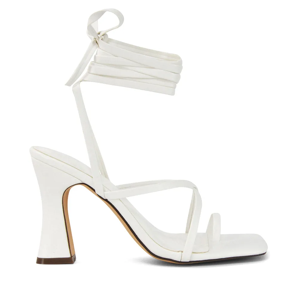 Dylan Square Toe Lace up Strappy Block High Heel Sandals in Orange Synthetic Leather