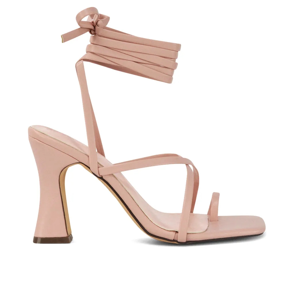 Dylan Square Toe Lace up Strappy Block High Heel Sandals in Orange Synthetic Leather