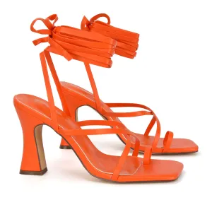 Dylan Square Toe Lace up Strappy Block High Heel Sandals in Orange Synthetic Leather