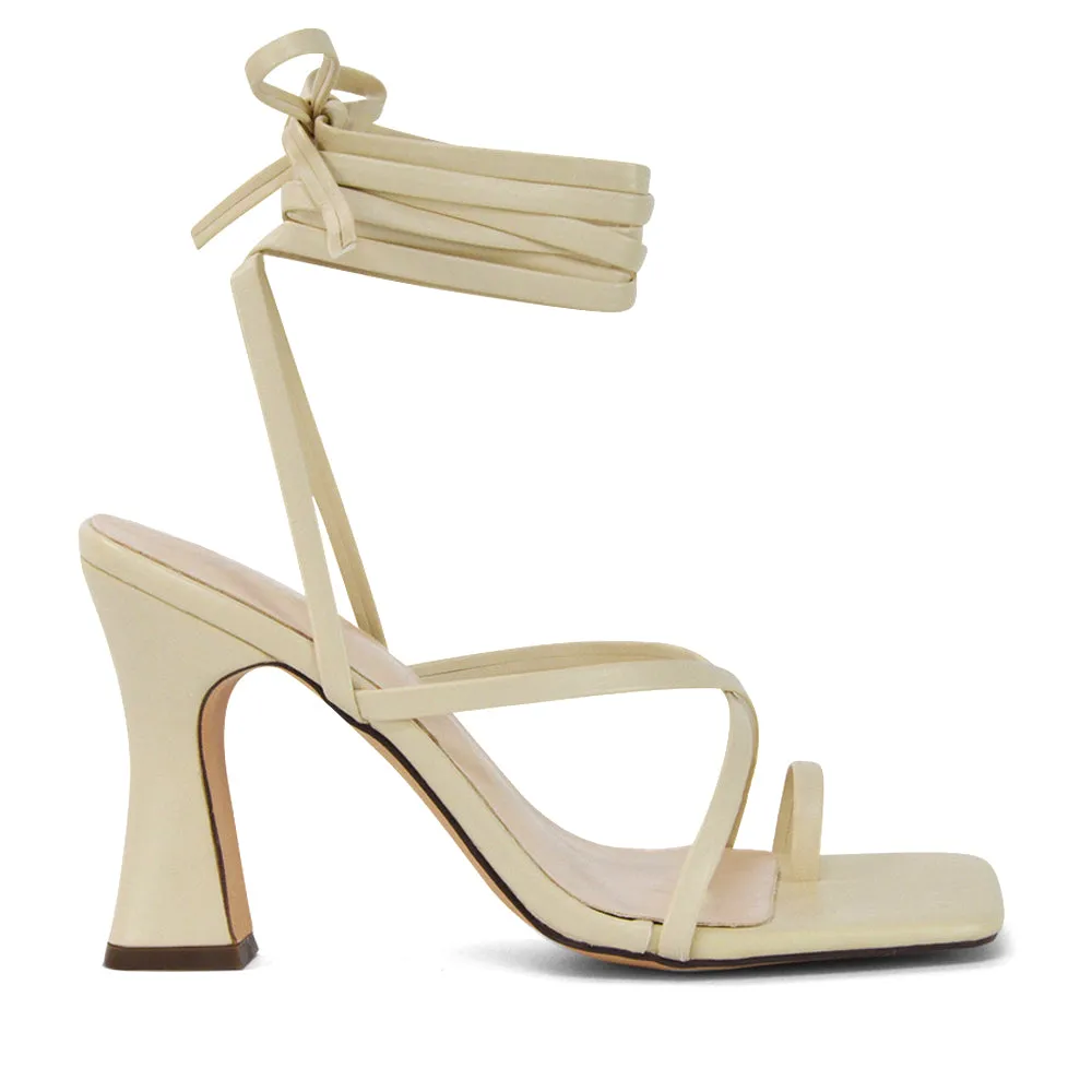 Dylan Square Toe Lace up Strappy Block High Heel Sandals in Orange Synthetic Leather