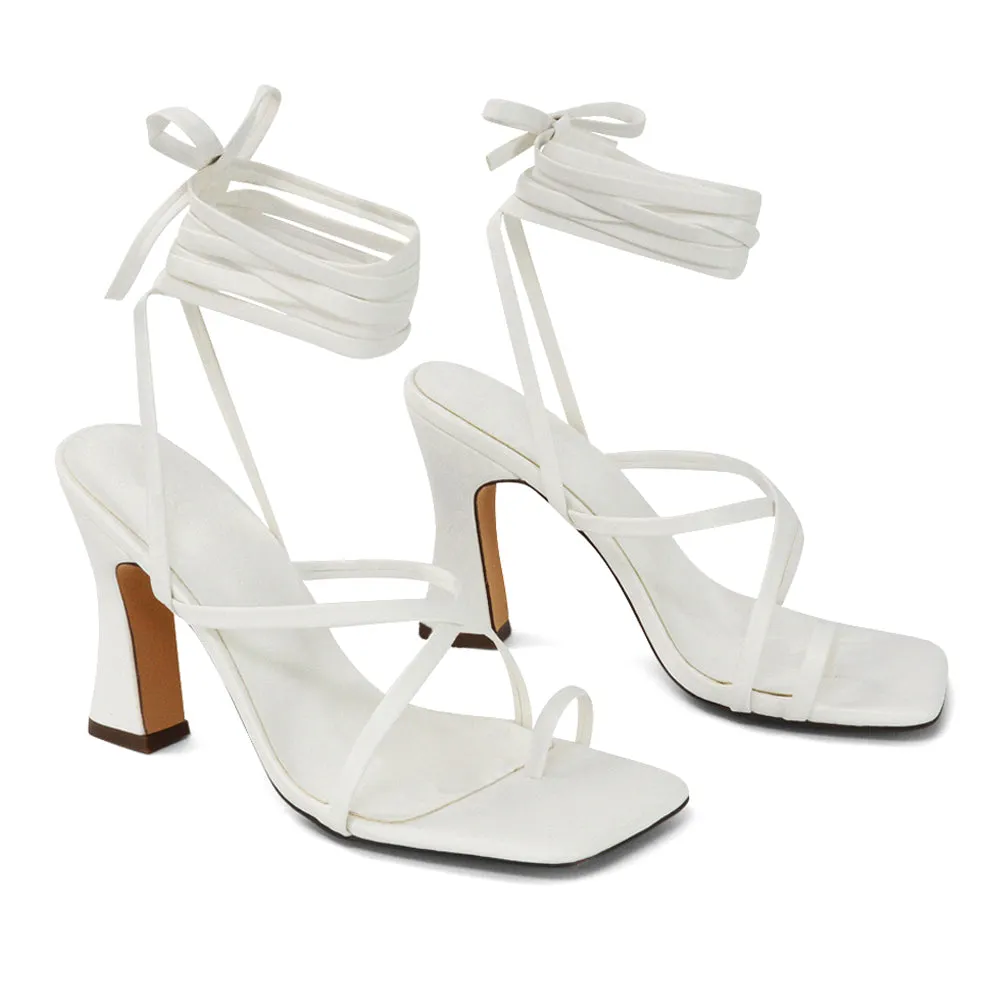 Dylan Square Toe Lace up Strappy Block High Heel Sandals in Orange Synthetic Leather