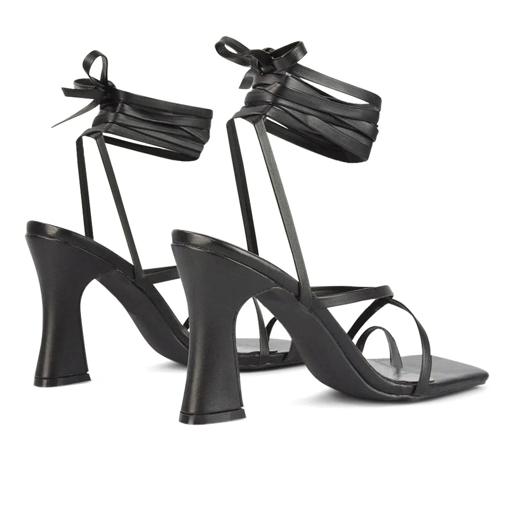 Dylan Square Toe Lace up Strappy Block High Heel Sandals in Orange Synthetic Leather