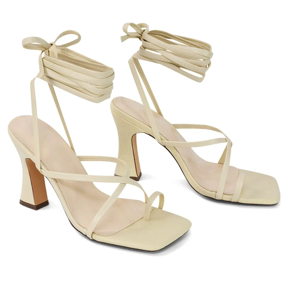 Dylan Square Toe Lace up Strappy Block High Heel Sandals in Orange Synthetic Leather