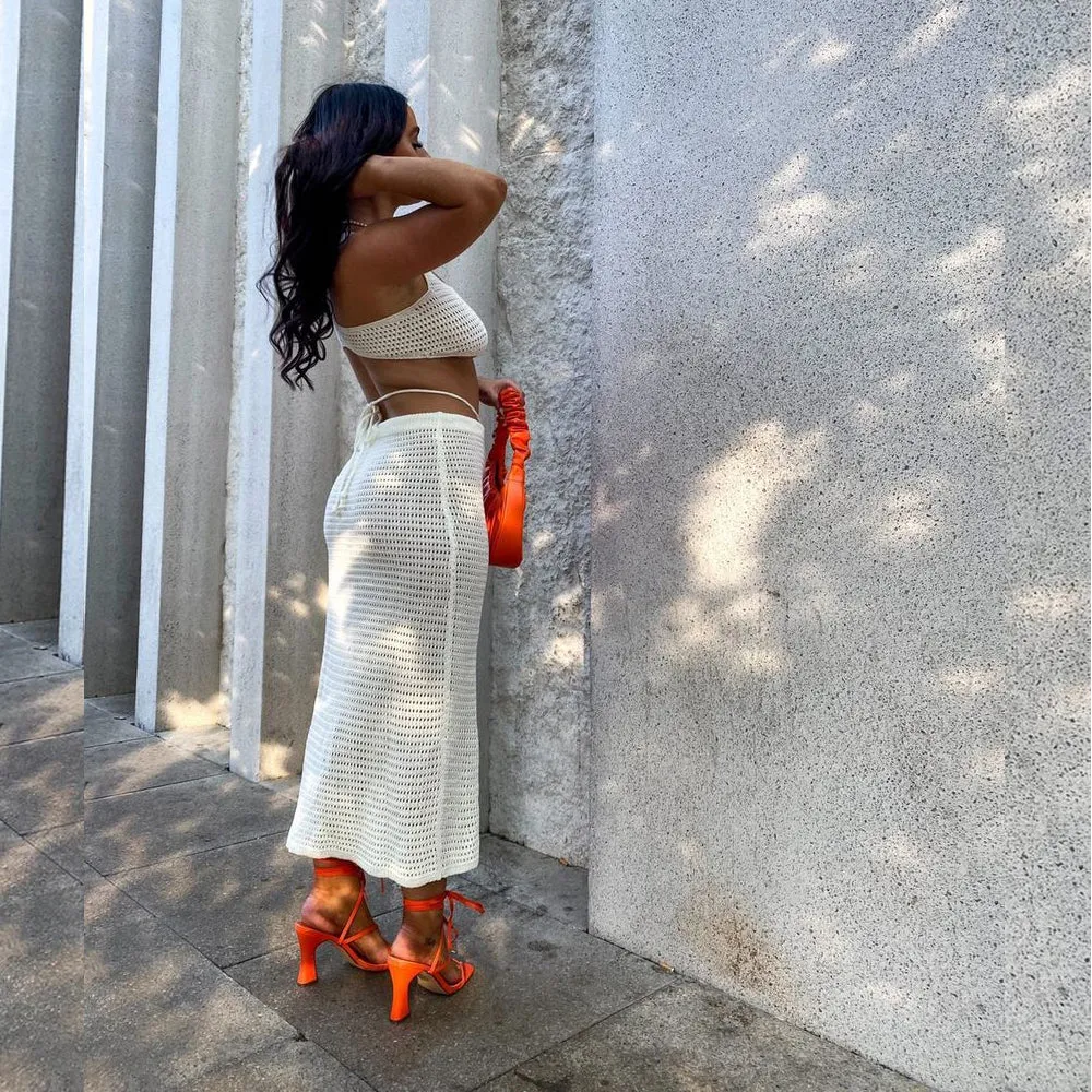 Dylan Square Toe Lace up Strappy Block High Heel Sandals in Orange Synthetic Leather