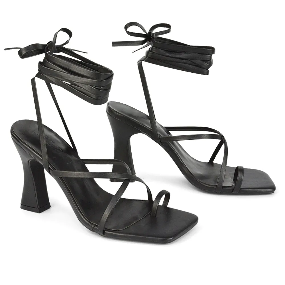 Dylan Square Toe Lace up Strappy Block High Heel Sandals in Orange Synthetic Leather