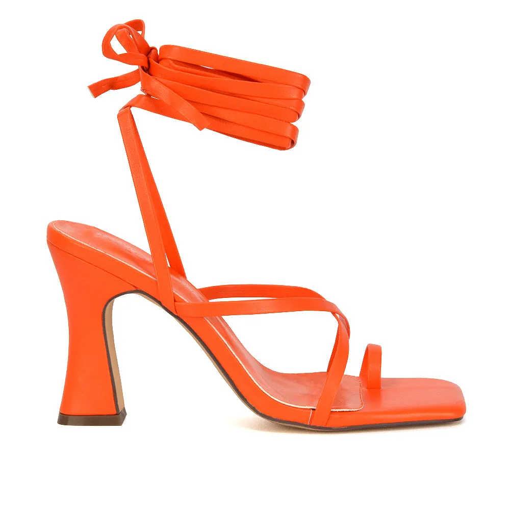Dylan Square Toe Lace up Strappy Block High Heel Sandals in Orange Synthetic Leather