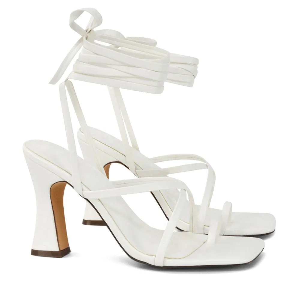 Dylan Square Toe Lace up Strappy Block High Heel Sandals in Orange Synthetic Leather