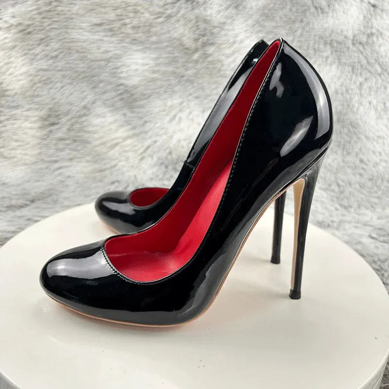 Glossy Black Round Toe High Heels