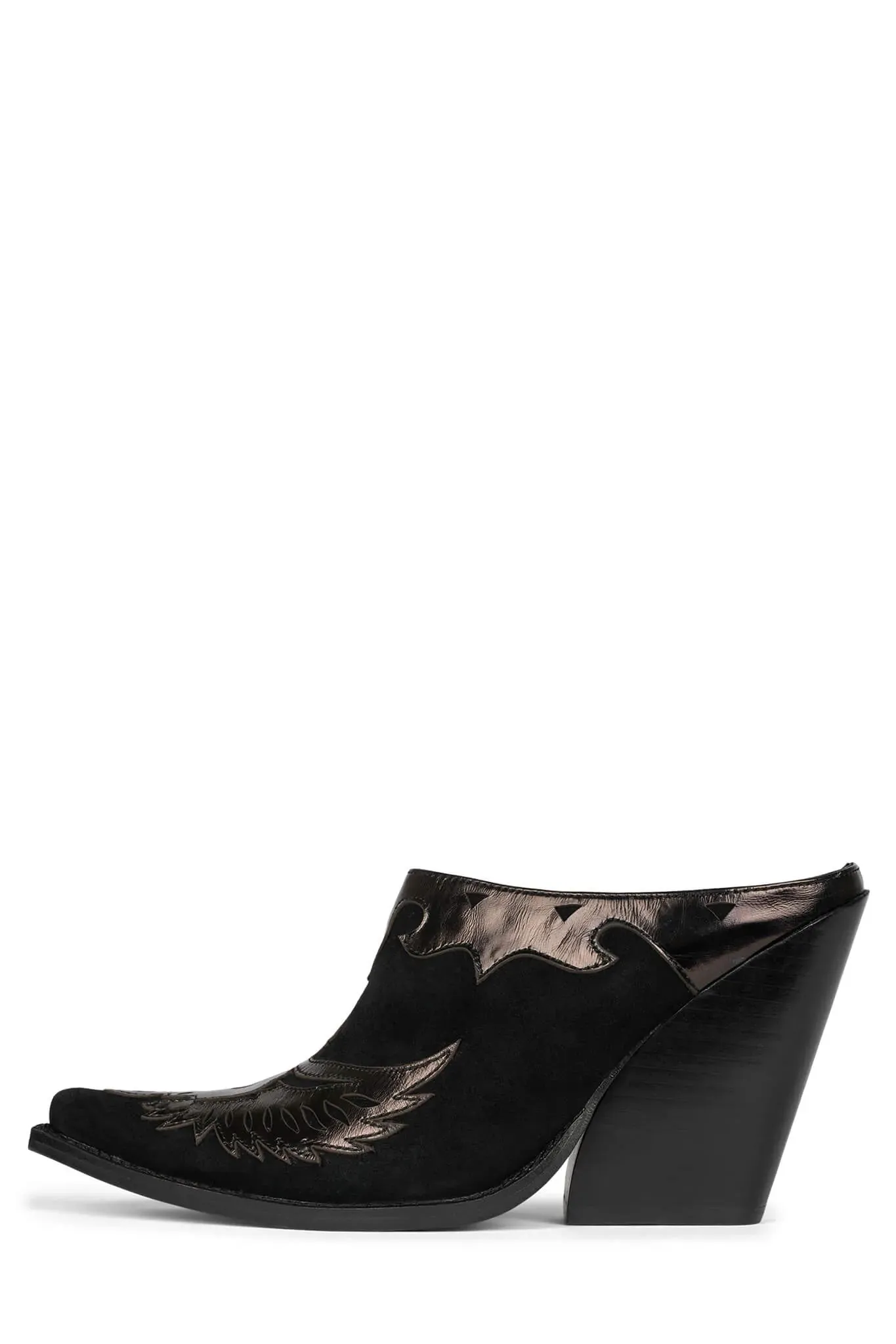 Jeffrey Campbell Eagleton Black Patent Pointed Toe Slip On Stacked Heels Mules