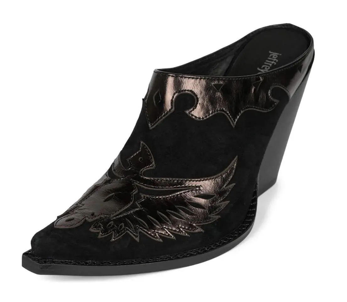 Jeffrey Campbell Eagleton Black Patent Pointed Toe Slip On Stacked Heels Mules