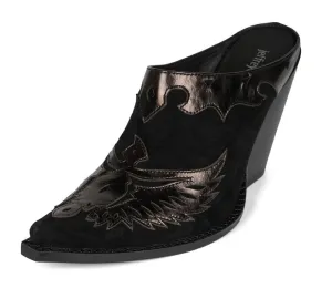 Jeffrey Campbell Eagleton Black Patent Pointed Toe Slip On Stacked Heels Mules