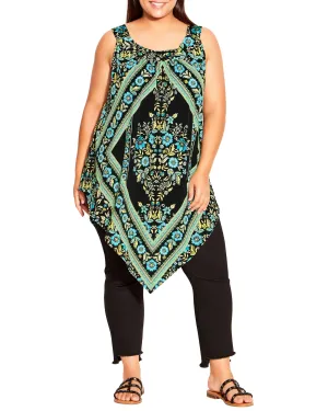 Nicole Asymmetrical Scarf Print Tunic | Black / Turquoise