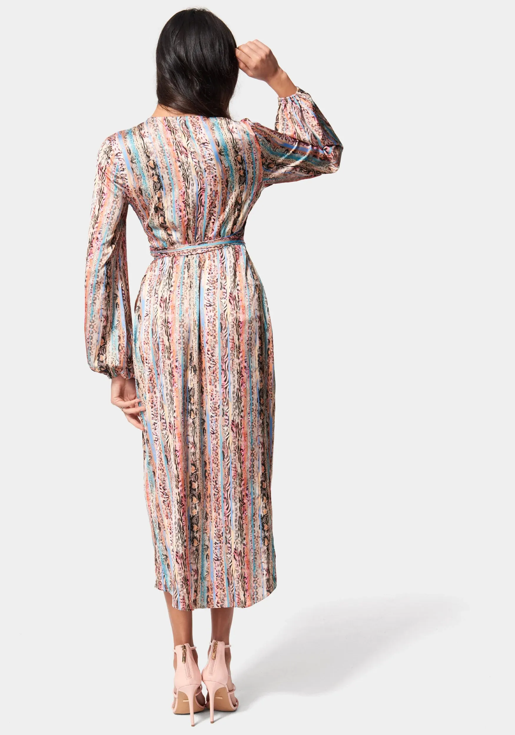 Printed Satin Wrap High Low Dress