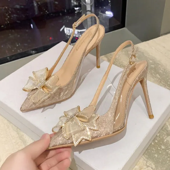 Rhinestone bowknot silver champagne wedding bridal heels backstrap high heels pumps
