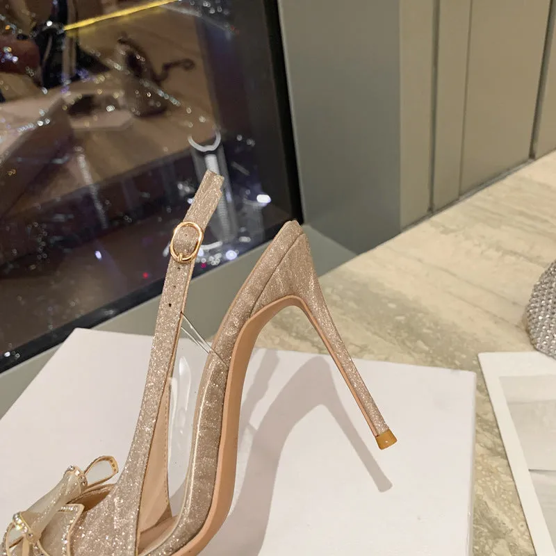 Rhinestone bowknot silver champagne wedding bridal heels backstrap high heels pumps