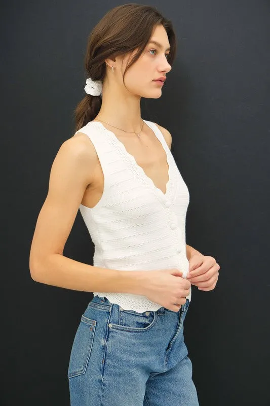 Sabrina Sleeveless Button Down Crochet Knit Sweater Top White