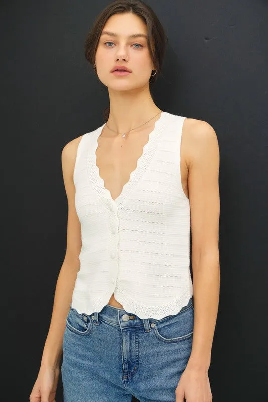 Sabrina Sleeveless Button Down Crochet Knit Sweater Top White