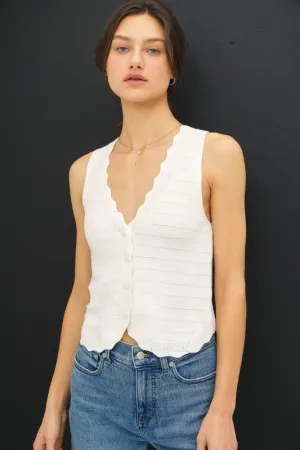 Sabrina Sleeveless Button Down Crochet Knit Sweater Top White