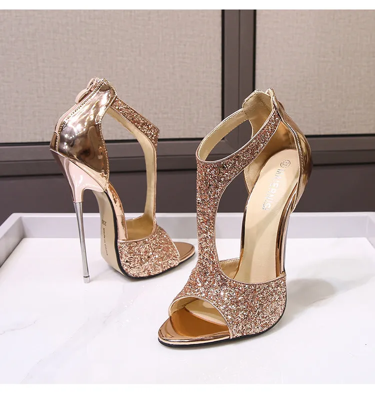 Sexy rhinestone glitter T-strap peep toe stiletto heels pom party banquet dress heels