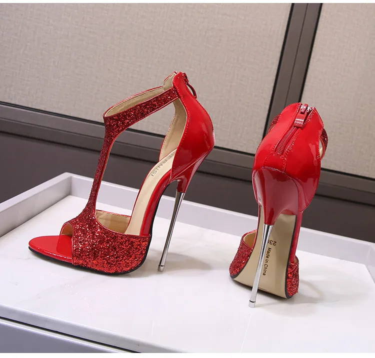 Sexy rhinestone glitter T-strap peep toe stiletto heels pom party banquet dress heels