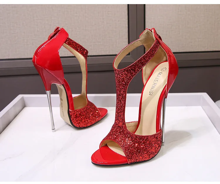 Sexy rhinestone glitter T-strap peep toe stiletto heels pom party banquet dress heels