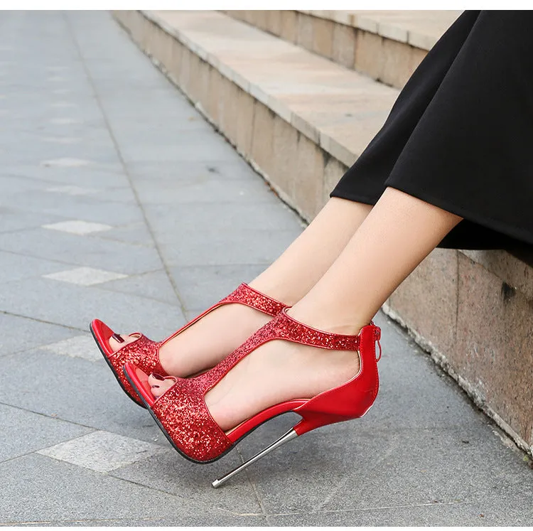 Sexy rhinestone glitter T-strap peep toe stiletto heels pom party banquet dress heels
