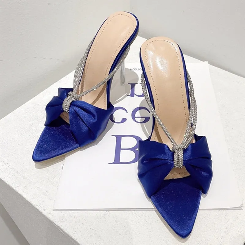Silk Crystal High Heels Slipper Pointed Toe Strappy Slide Heel Shoes