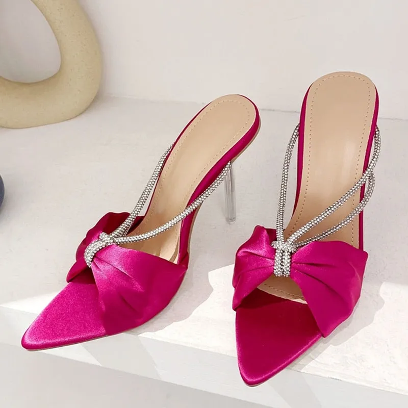 Silk Crystal High Heels Slipper Pointed Toe Strappy Slide Heel Shoes