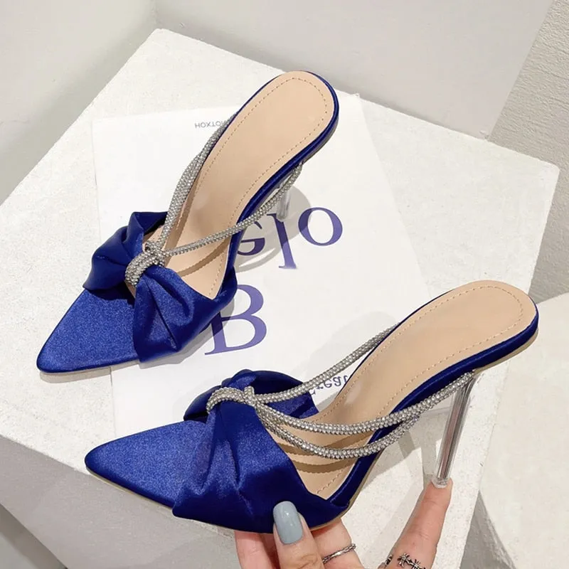 Silk Crystal High Heels Slipper Pointed Toe Strappy Slide Heel Shoes