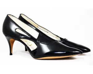 Size 10 1950s Black Stilettos - Authentic 50s Glossy Faux Patent Leather Shoes - Sexy 3 Inch High Heels - Unworn 50's Deadstock - 10B
