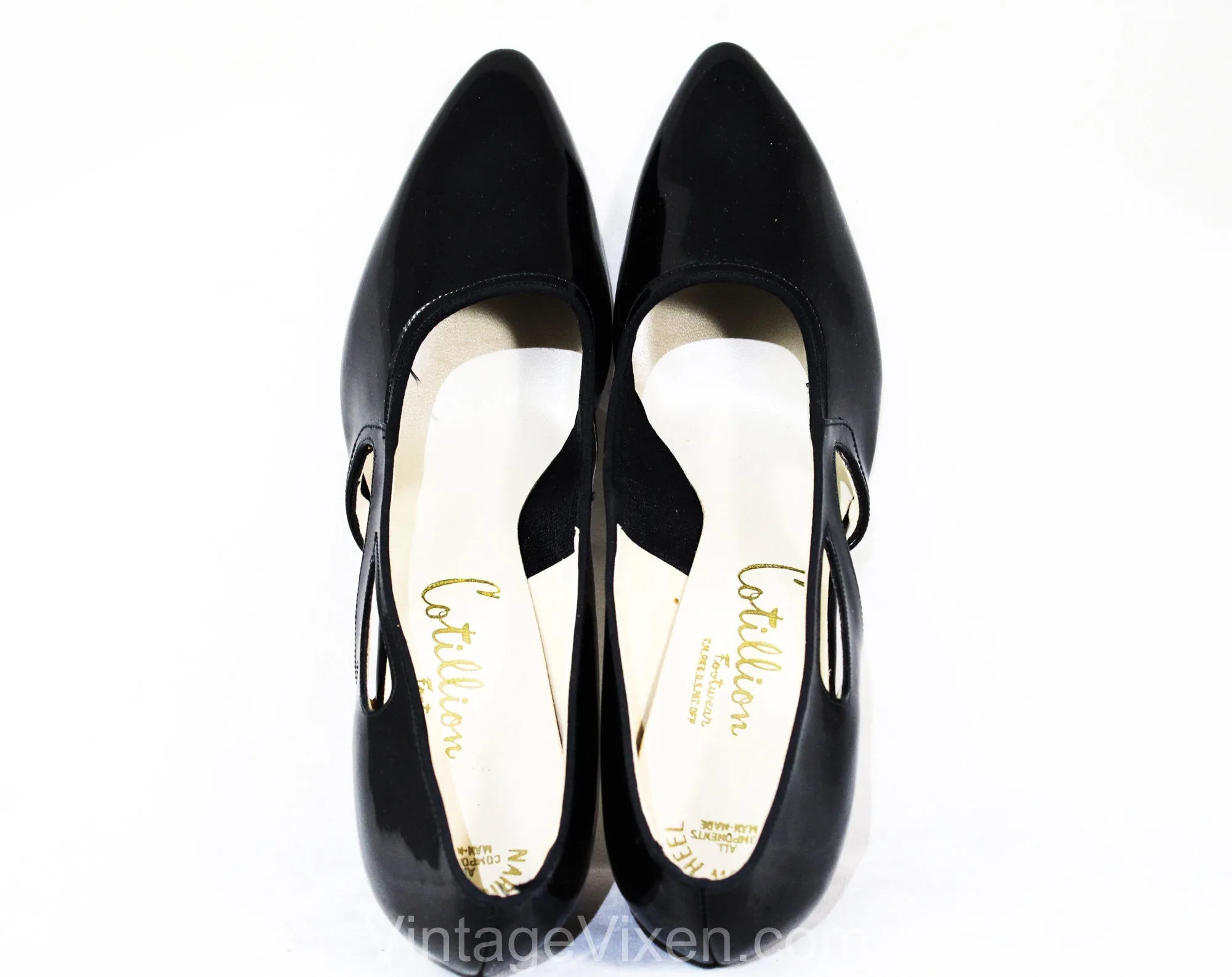 Size 10 1950s Black Stilettos - Authentic 50s Glossy Faux Patent Leather Shoes - Sexy 3 Inch High Heels - Unworn 50's Deadstock - 10B