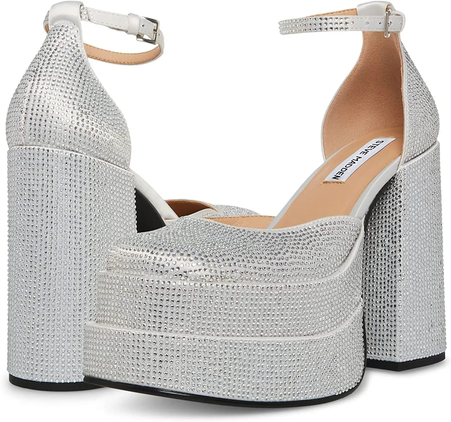Steve Madden Charlize Crystal Block Heel Ankle Strap Squared Toe Fashion Pumps