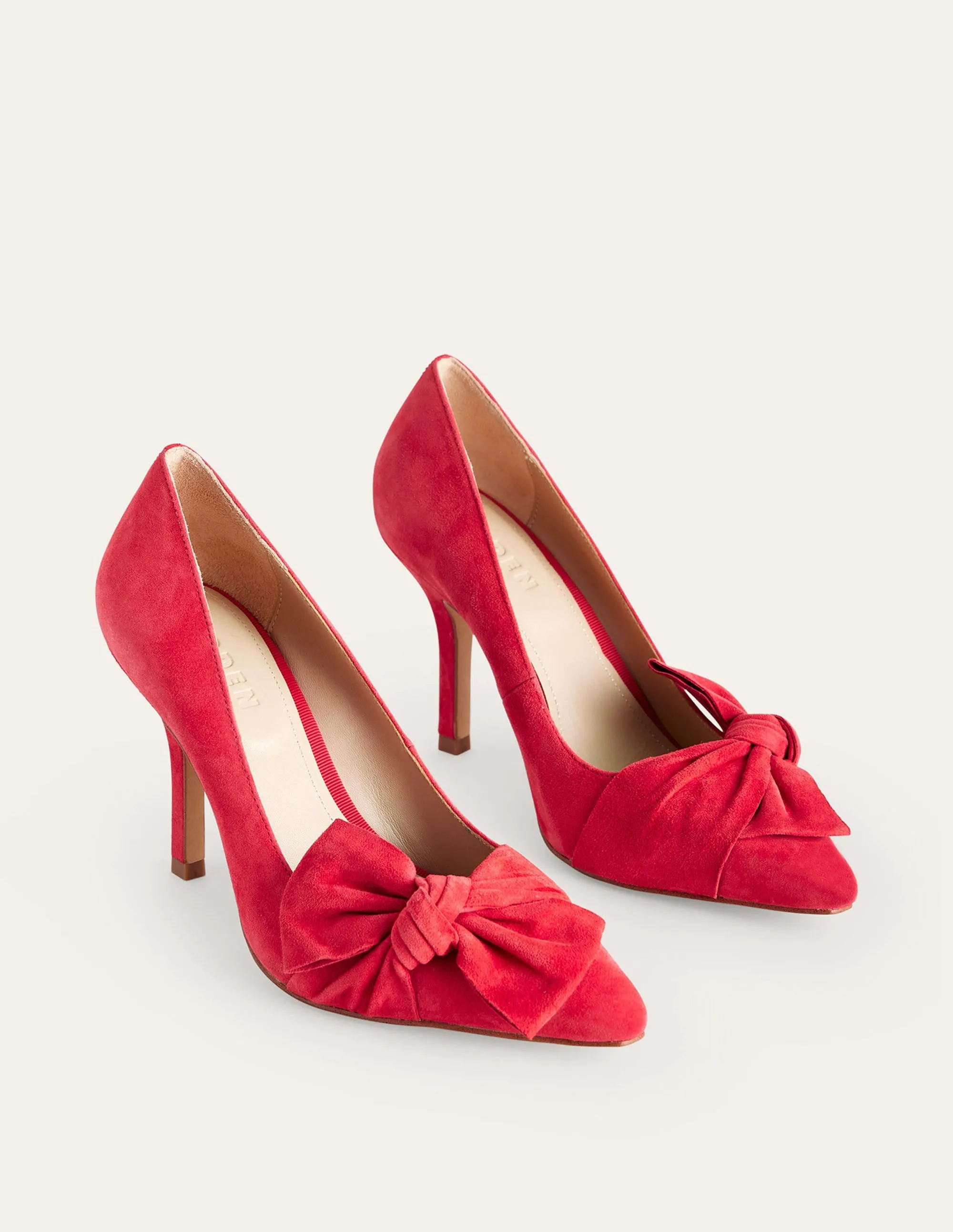 Suede-Bow Heeled Courts-Red Suede