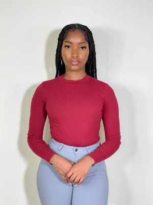 Thea Ribbed Everyday Bodysuit-Burgundy