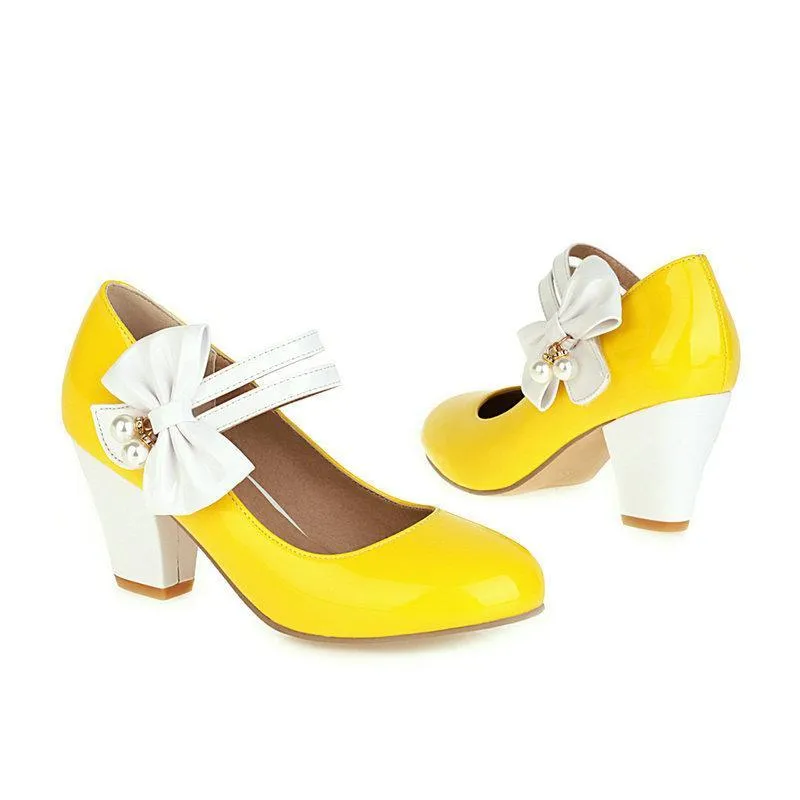 Women bowknot rhinestone strap closed toe slip on chunky heels
