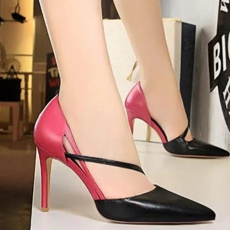 Women color block side cut pointed toe stiletto high heels