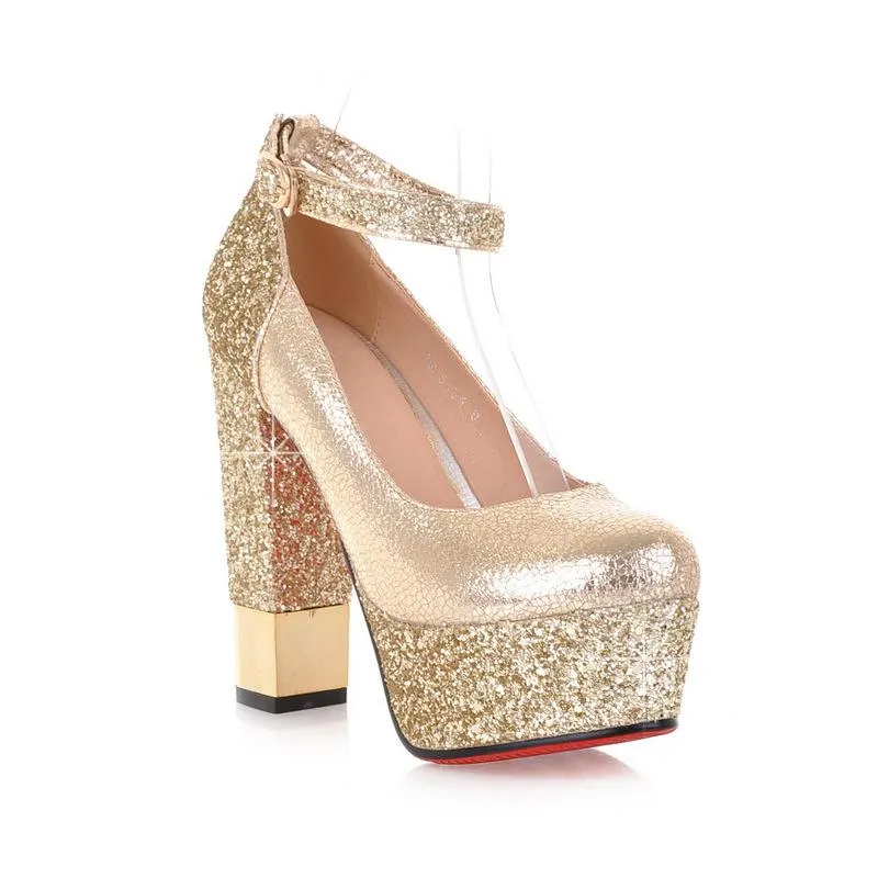 Women sexy glitter ankle strap platform chunky high heels