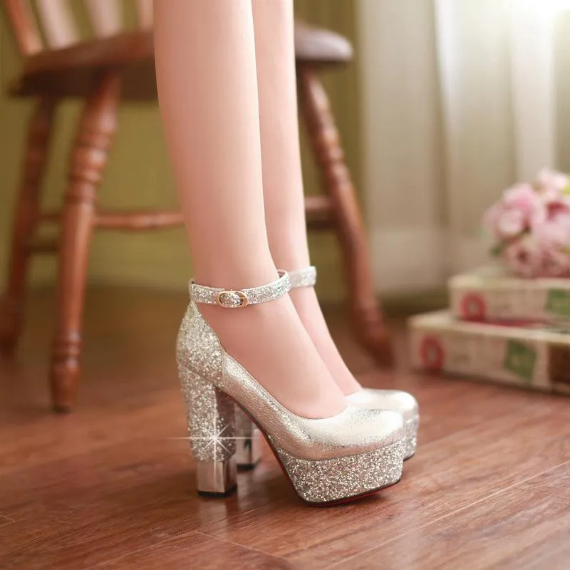 Women sexy glitter ankle strap platform chunky high heels